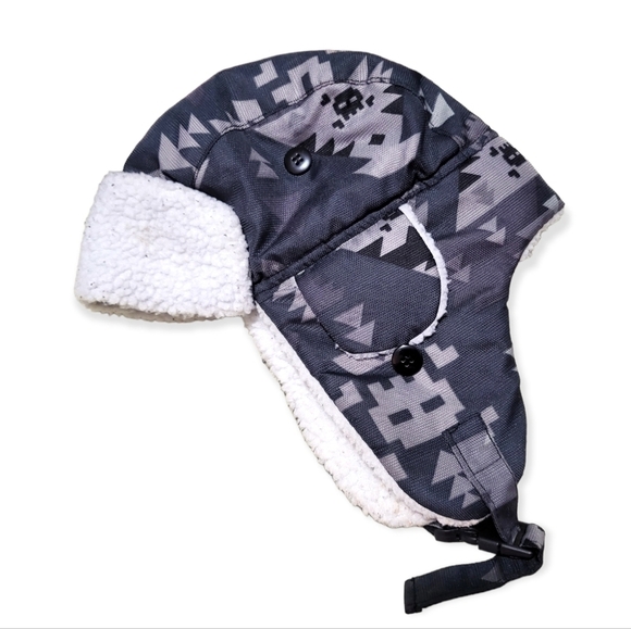 Toddler Winter Trapper Hat Grey Sherpa Aviator Trapper Hat Toque Aztec Print - Picture 2 of 2
